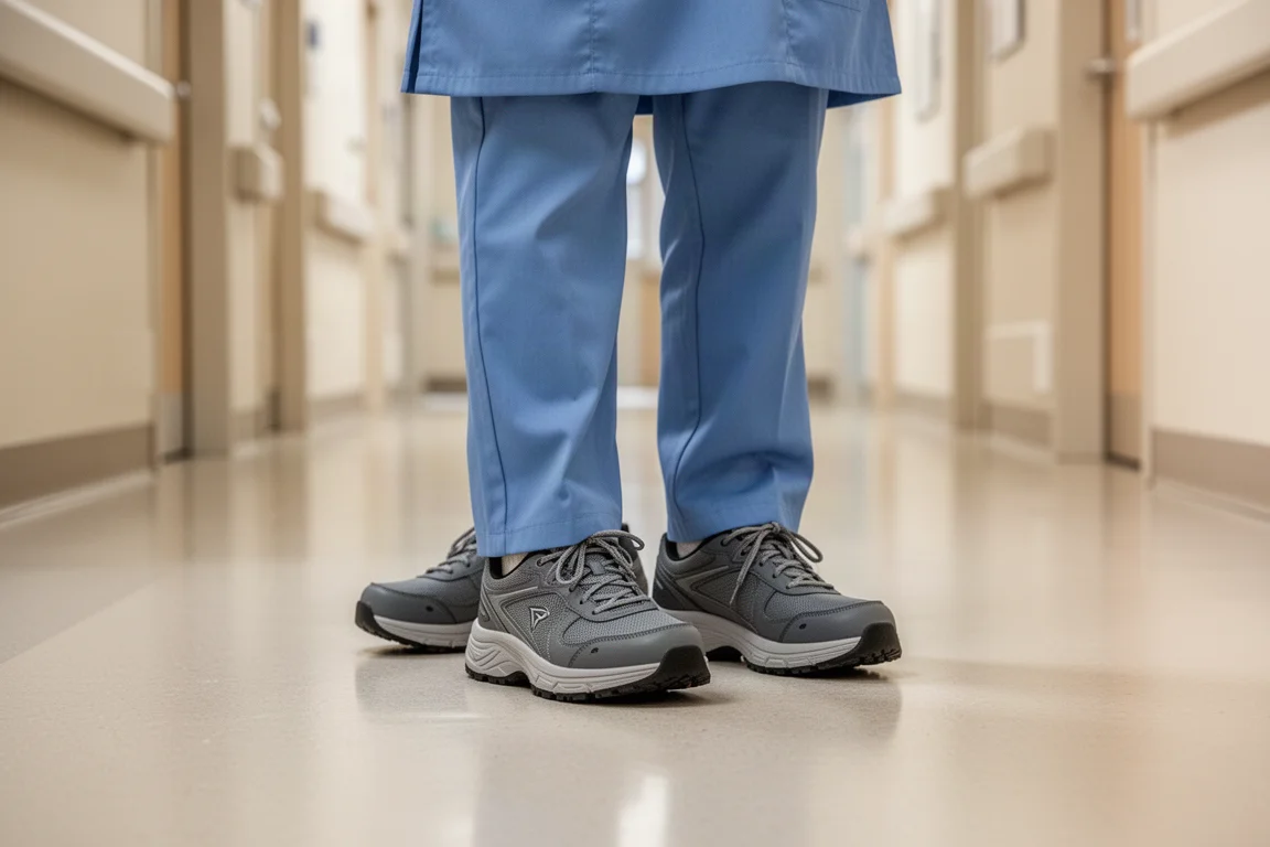 Vårdpersonal stående i dämpade skor på ett klinikgolv