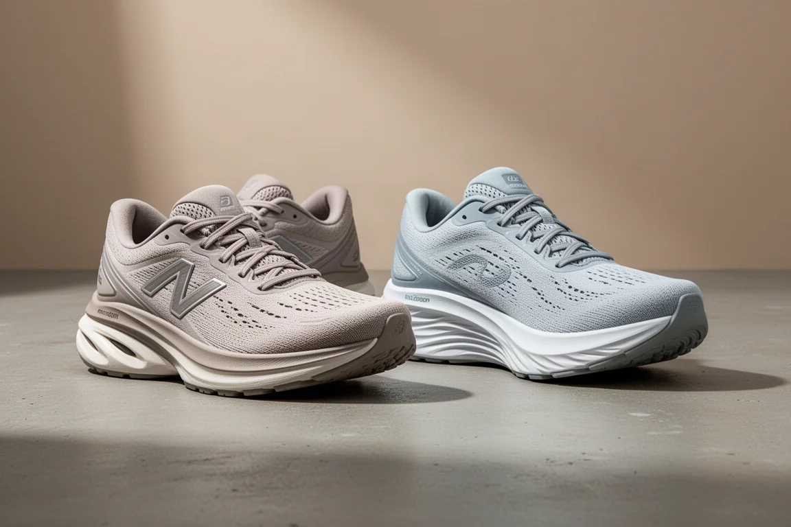Two max-cushion stability running shoes side by side on concrete