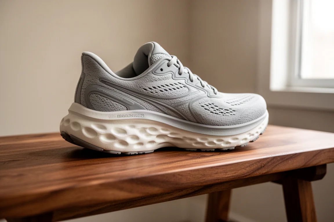 Nahaufnahme einer gedämpften Laufschuh-Mittelsohle und des Fersenstacks auf einer Holzbank