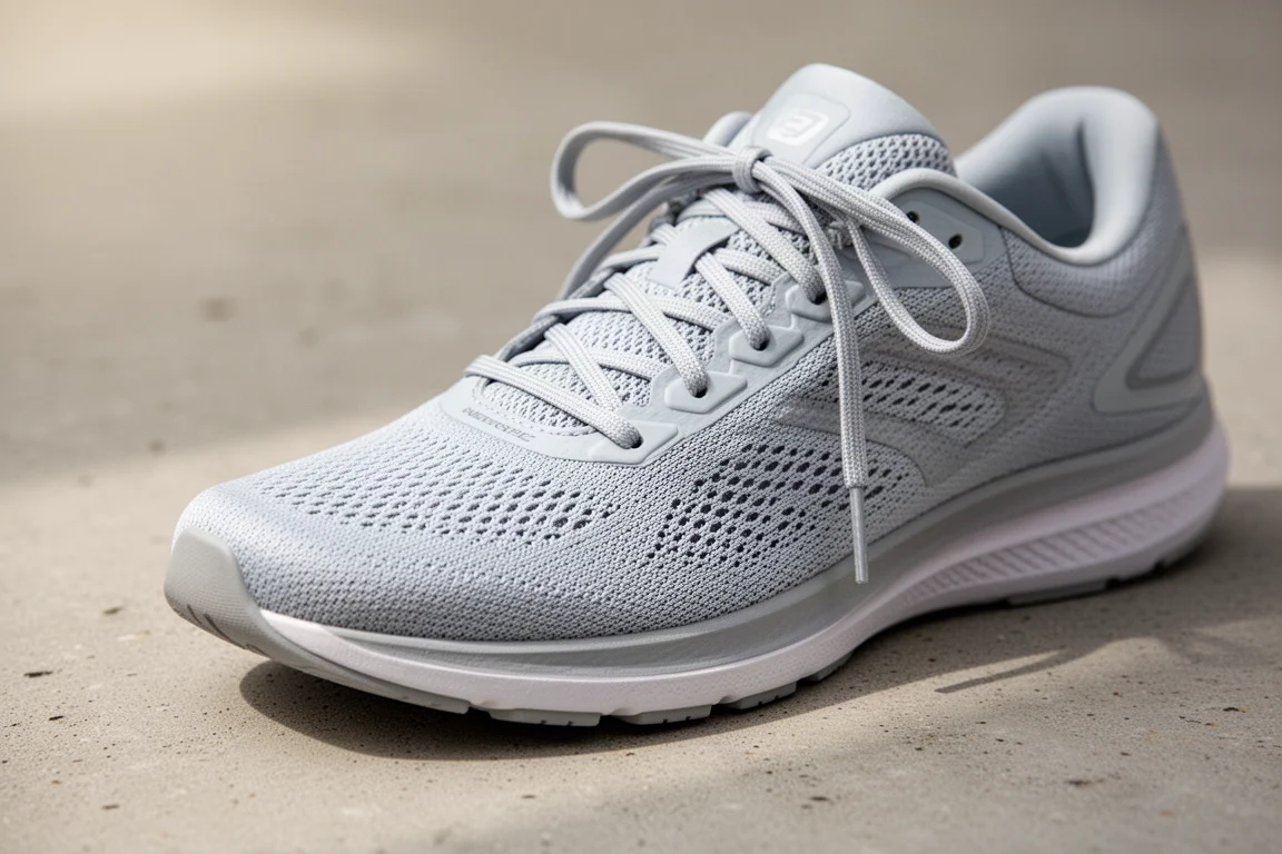 Nahaufnahme eines schlankeren Laufschuh-Obermaterials mit gebundenen Schnürsenkeln auf neutralem Untergrund