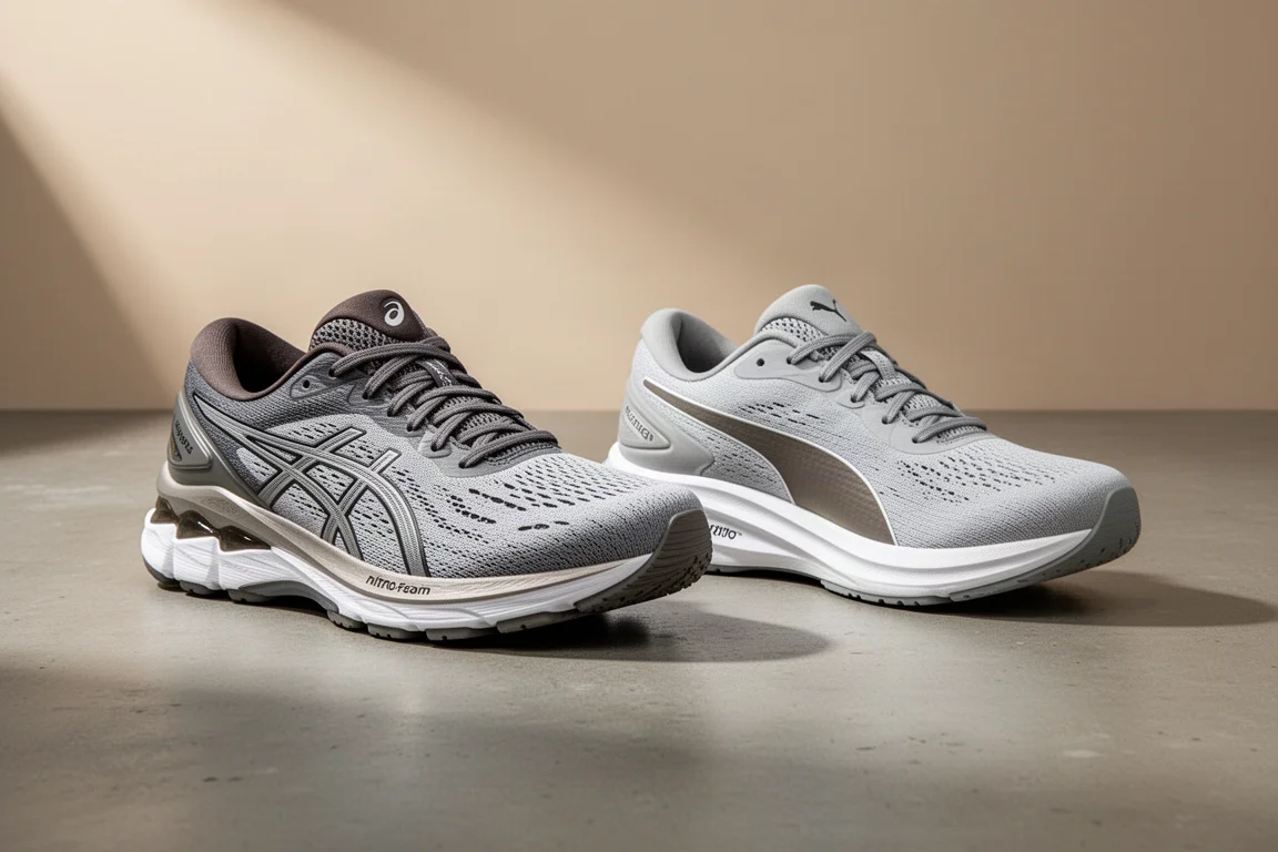 ASICS GEL-Kayano 30 and Puma Forever Run Nitro running shoes on concrete