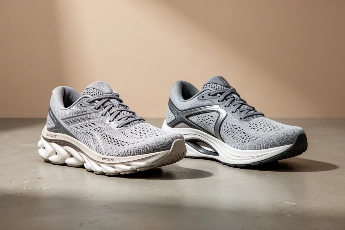 Two stability running shoes side by side on a concrete surface