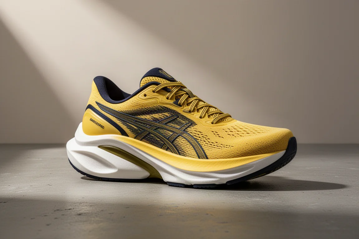 ASICS Gel-Kayano 31 stability running shoe shown at a three-quarter angle on concrete