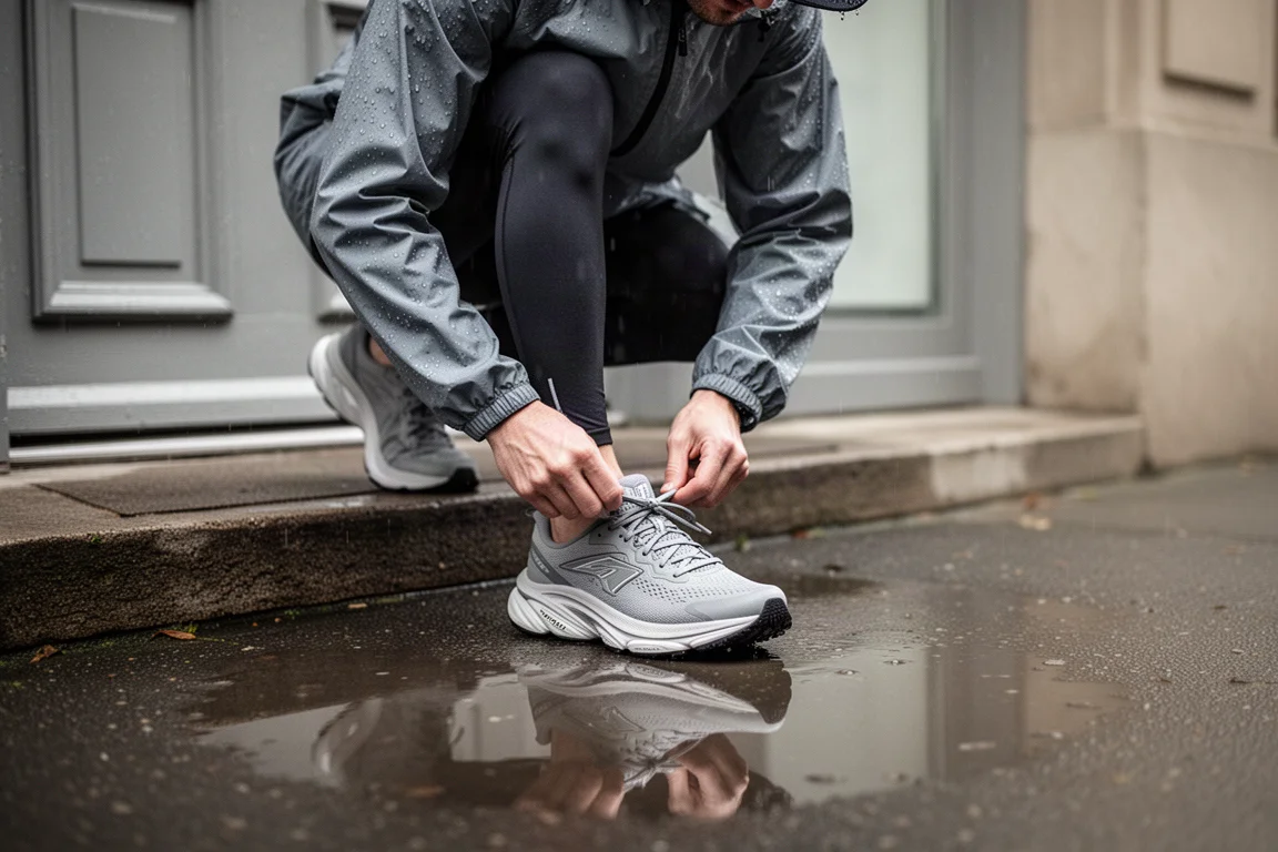Hardloper strikt max-cushion hardloopschoenen op een regenachtige Londense ochtend