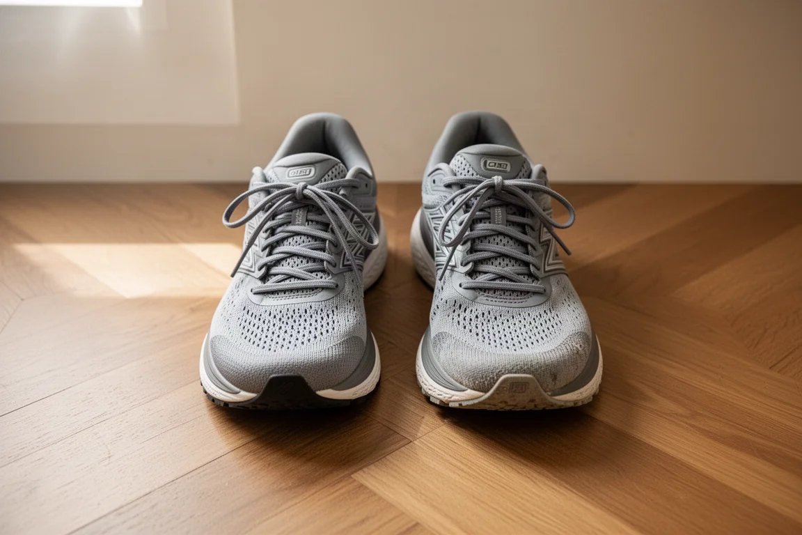 Twee hardloopschoenen naast elkaar op een houten vloer ter vergelijking