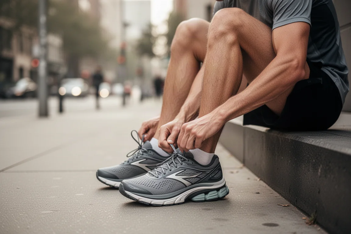 Un corredor atándose unas zapatillas de running estabilizadoras en una acera urbana