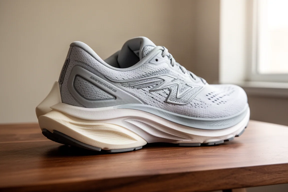 Primer plano de la mediasuela de una zapatilla de running mostrando el ensanche del talón y la amortiguación