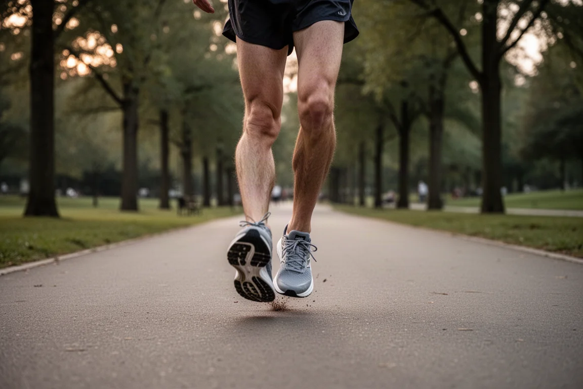 Carrera a ritmo suave por un sendero tranquilo pavimentado con luz suave del atardecer