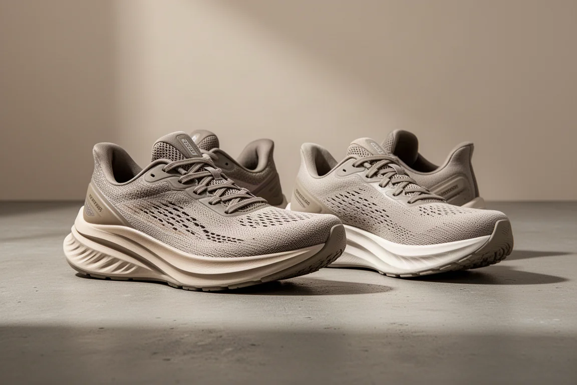 Two ASICS Gel-Kayano running shoes side by side on a concrete surface
