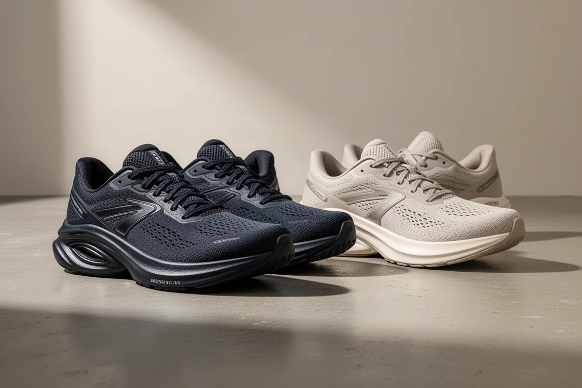 Two pairs of ASICS max-cushion running shoes side by side on concrete