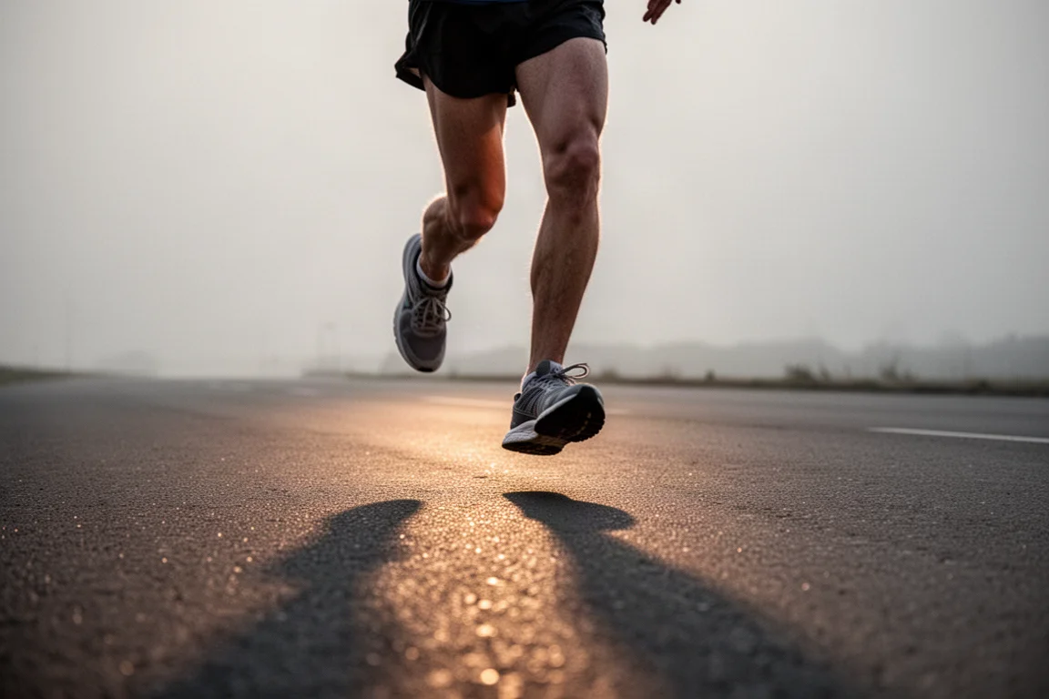 Coureur en pleine foulée sur de l'asphalte lisse dans une douce lumière matinale