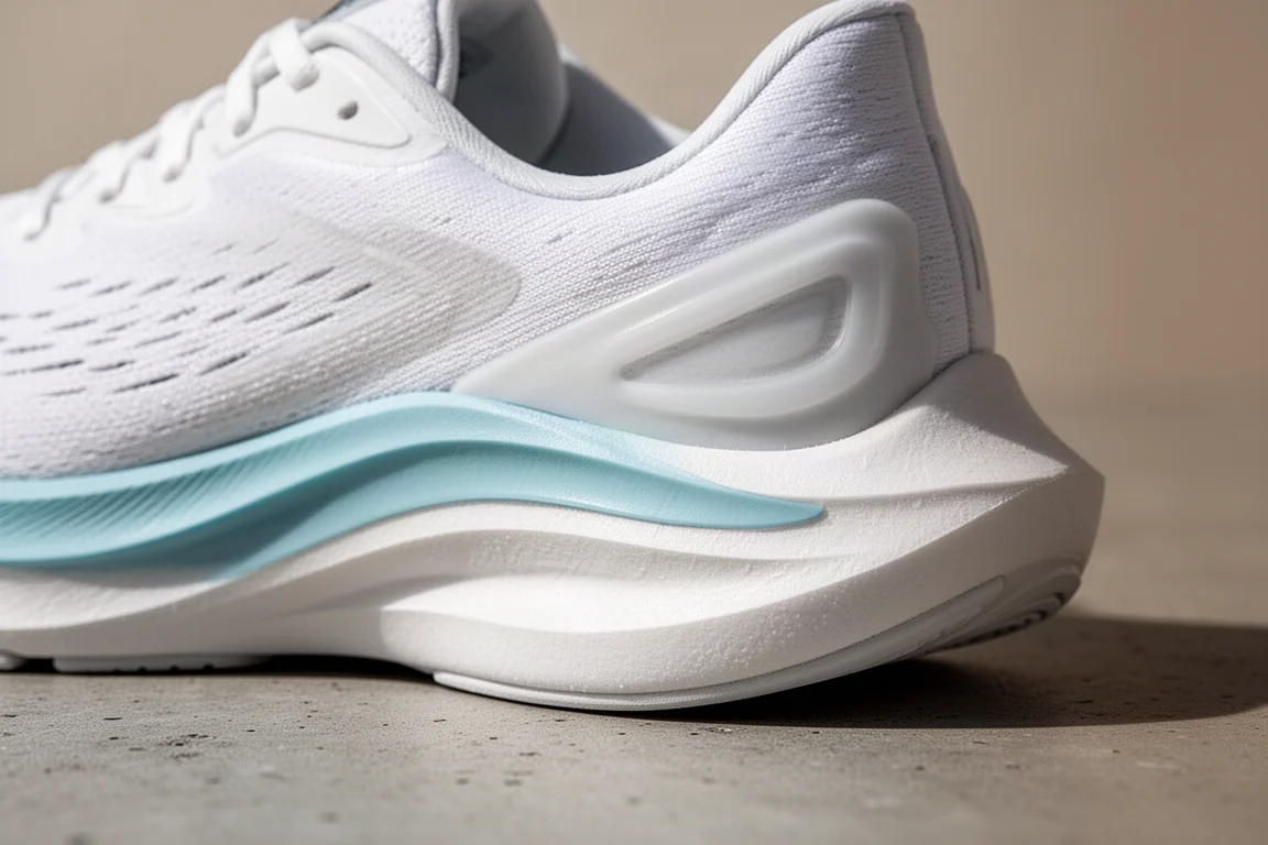 Gros plan sur la semelle intermédiaire d'une chaussure de running montrant les couches de mousse et la géométrie de guidage