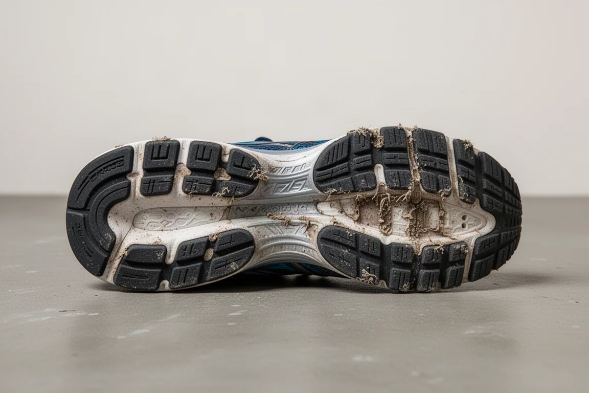 Semelle extérieure usée d'une chaussure de running montrant l'usure du caoutchouc après de nombreux kilomètres