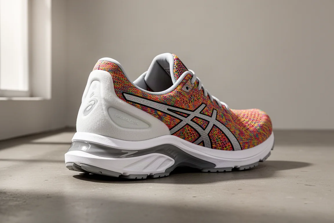Bright ASICS GEL-Kayano 32 running shoe with thick foam midsole on concrete