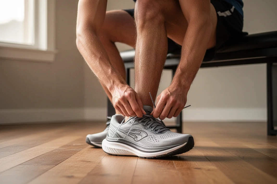 Runner lacing up a cushioned stability running shoe on a wooden floor