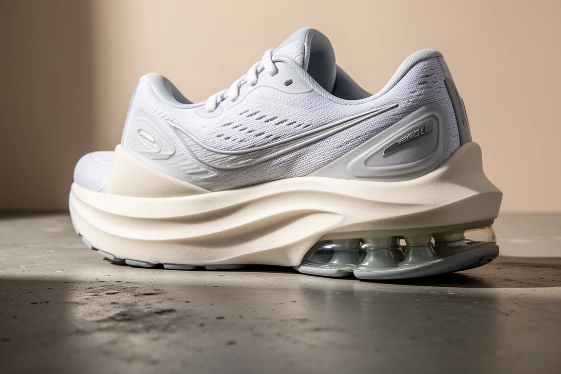 Close-up of a stability shoe midsole showing the wide foam base and heel gel unit