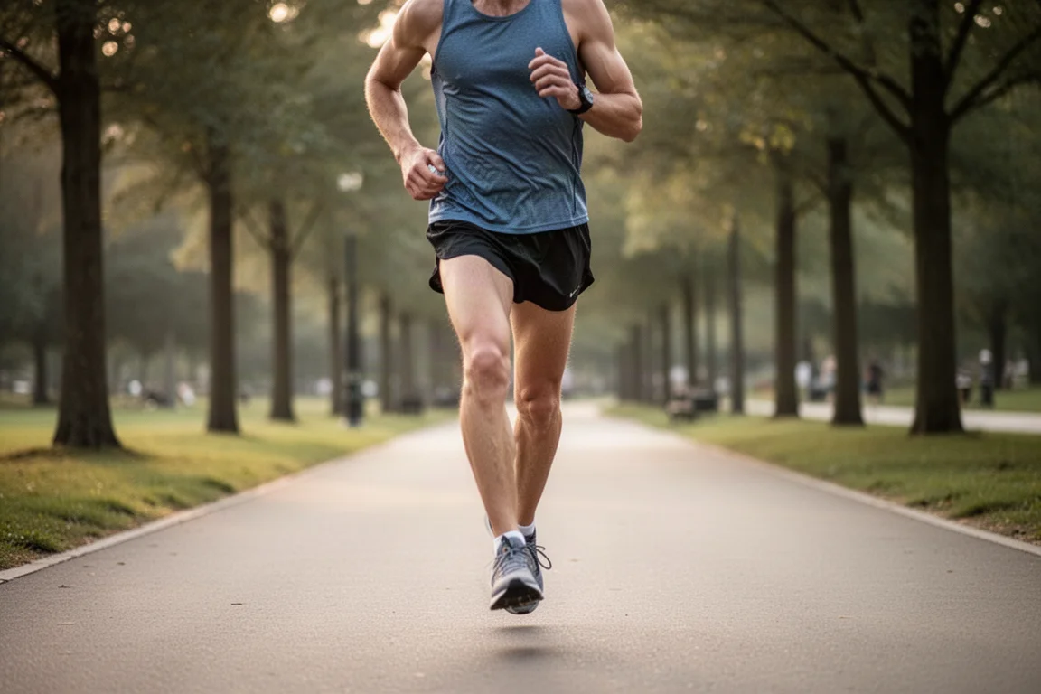 Runner cruising along a paved path at an easy pace in soft daylight
