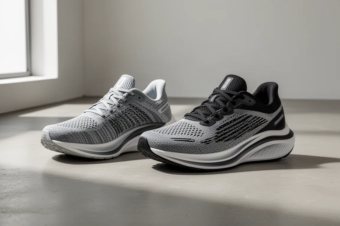 Two premium stability running shoes side by side on a grey concrete floor