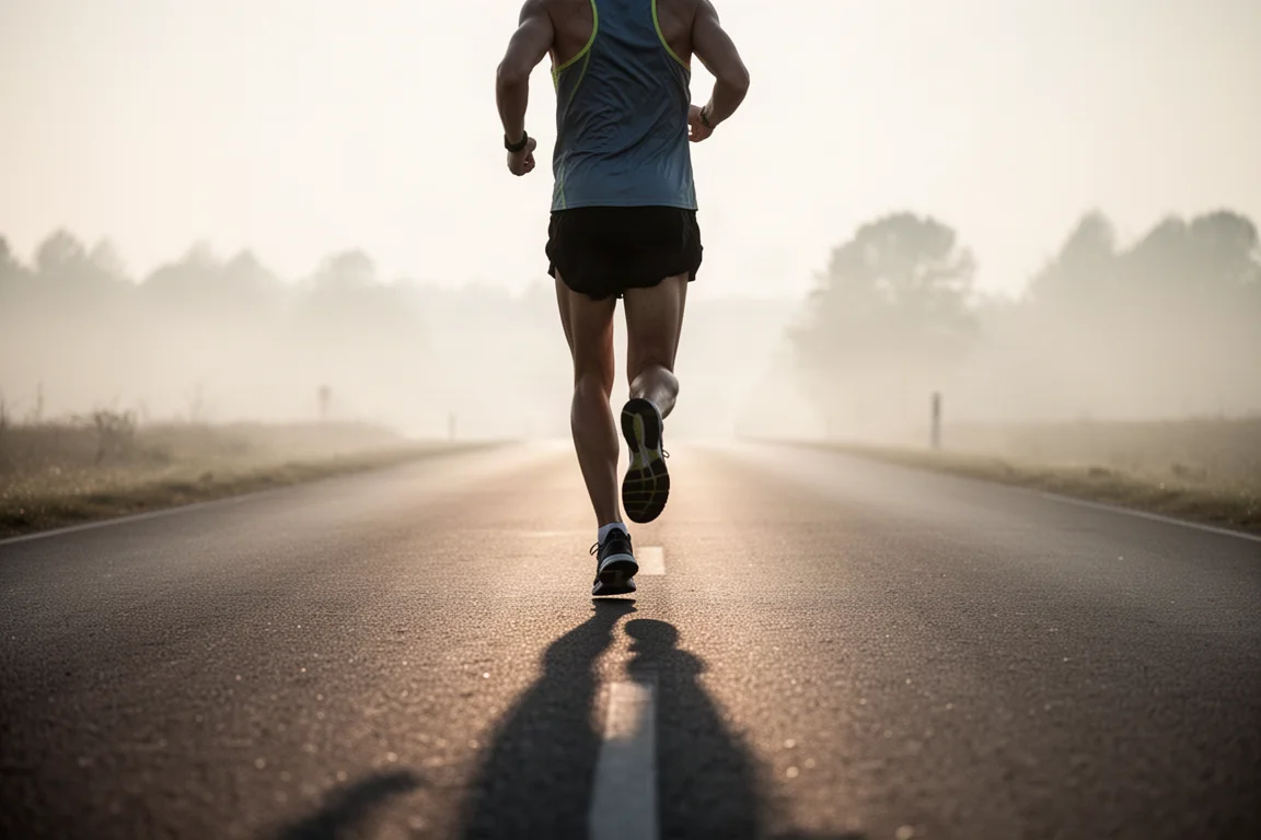 Runner che corre lungo una strada tranquilla nella morbida luce del mattino