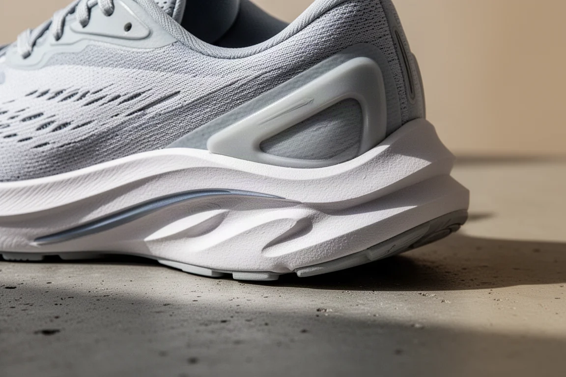 Primo piano dell'intersuola di una scarpa da running con schiuma e geometria del tallone