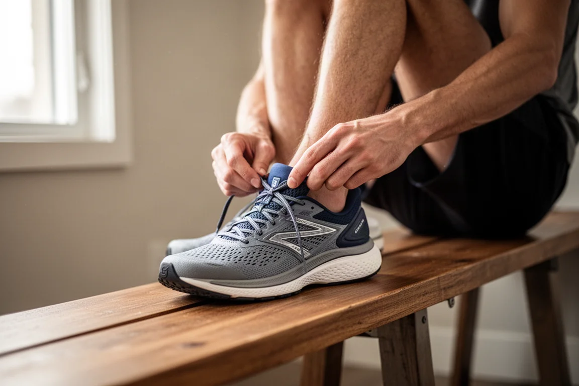 Runner che allaccia i lacci di una scarpa da running dalla ricca ammortizzazione