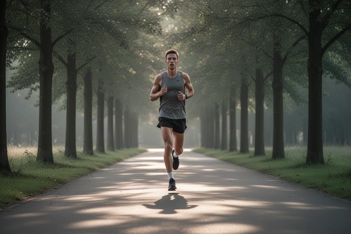 Runner che procede a passo costante su un sentiero alberato