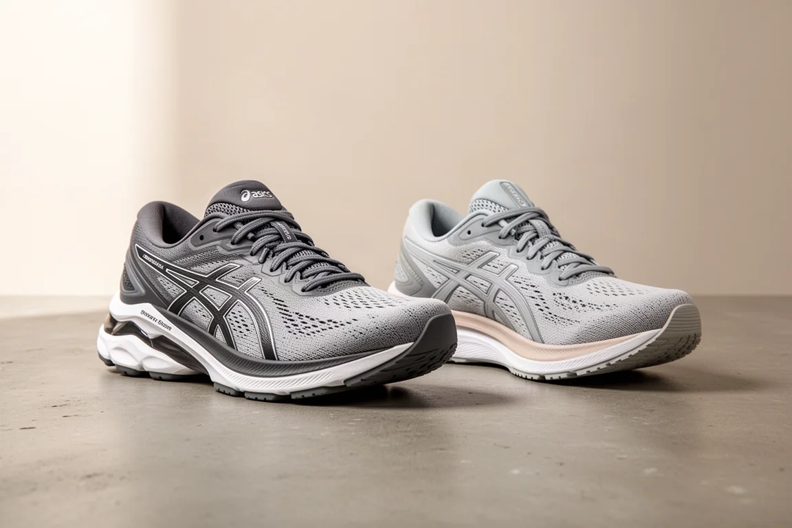ASICS Gel-Kayano 32 and Gel-Cumulus 27 running shoes side by side on concrete