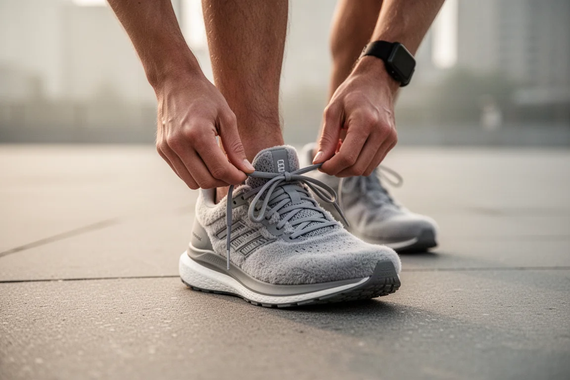 Läufer bindet die Schnürsenkel eines gedämpften Laufschuhs auf städtischem Pflaster