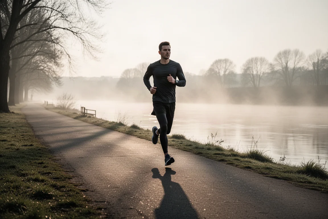 Läufer joggt in gemächlichem Tempo im Morgengrauen entlang eines Uferwegs
