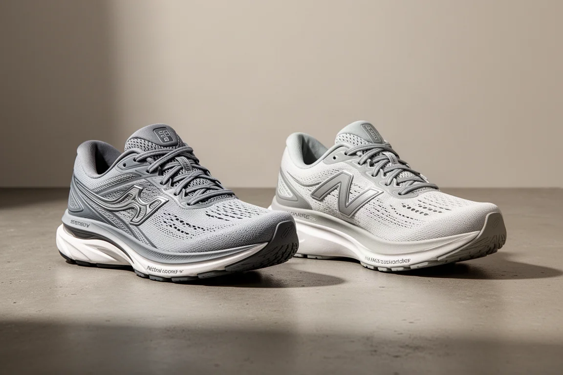ASICS Gel Kayano 32 and Gel Nimbus 28 running shoes side by side on concrete