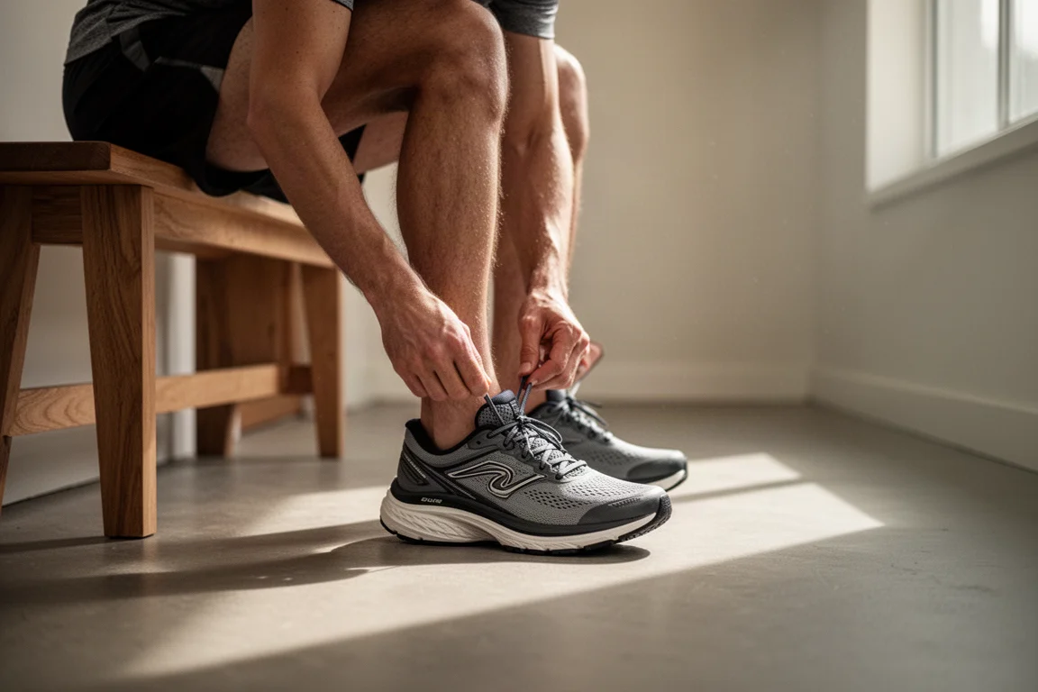 Hardloper die een paar gedempte stabiliteitsschoenen aan het strikken is voor een rustige training