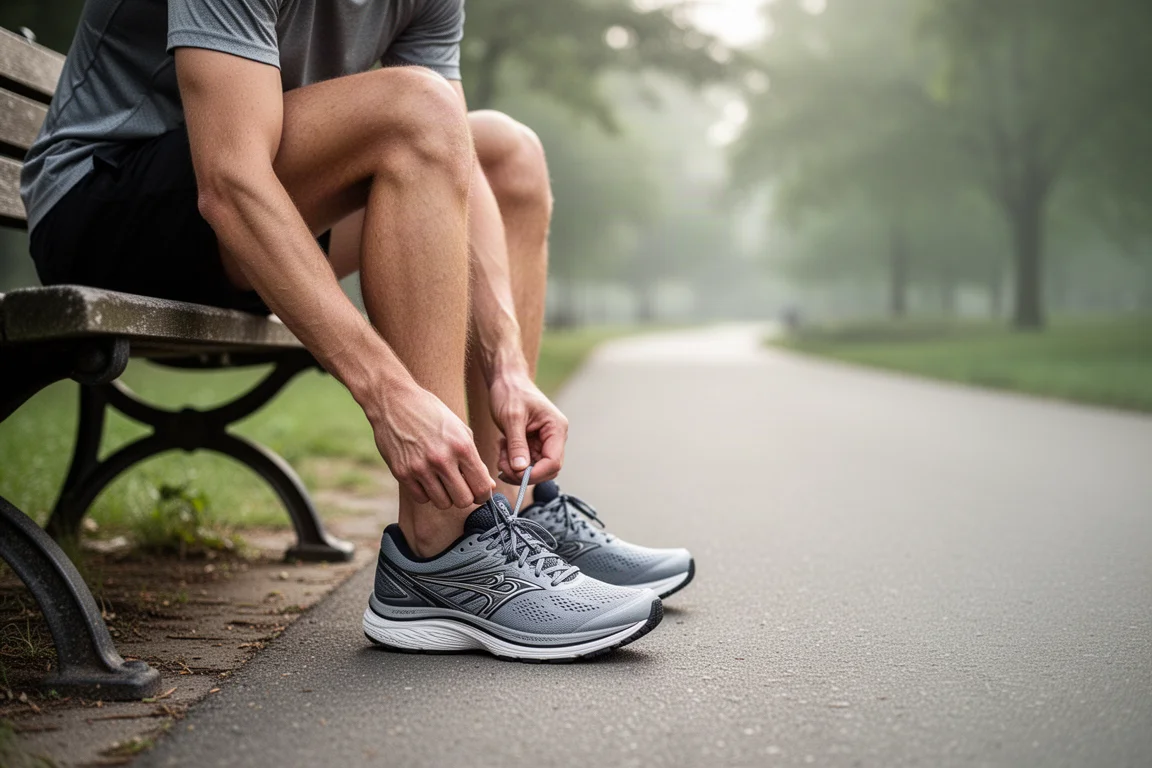 Coureur lacent une chaussure de stabilité sur un chemin pavé dans une douce lumière matinale