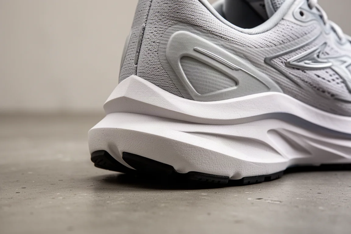 Gros plan sur le talon d'une chaussure de running montrant le biseau et la conception de l'arrière-pied