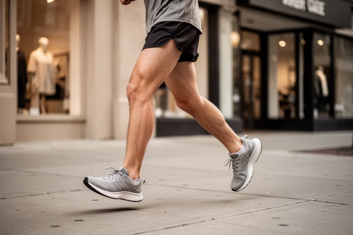 Coureur marchant sur un trottoir urbain dans des baskets confortables