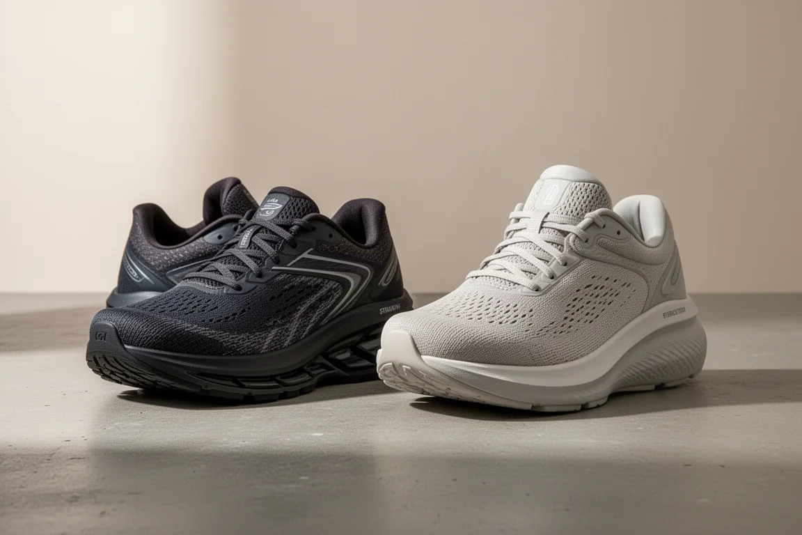 Two stability running shoes side by side on a concrete surface