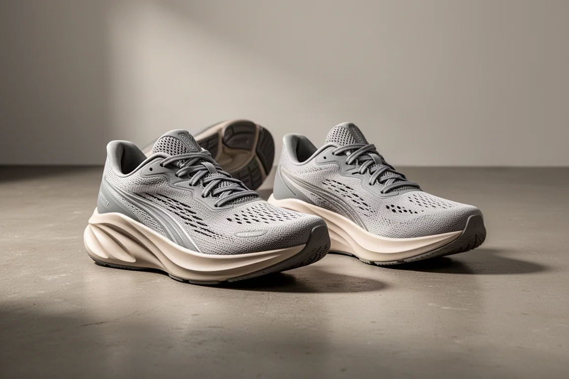 Two stability running shoes side by side on a concrete surface