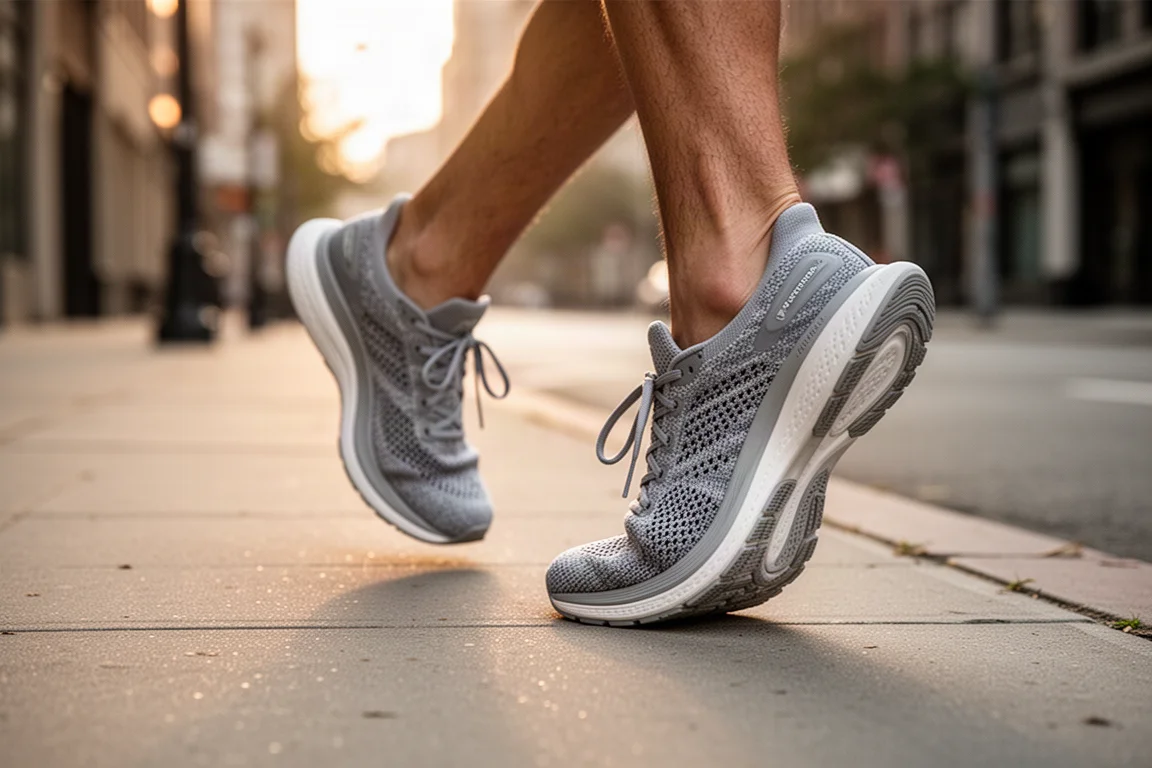 Runner lacing up cushioned running shoes on a quiet city street
