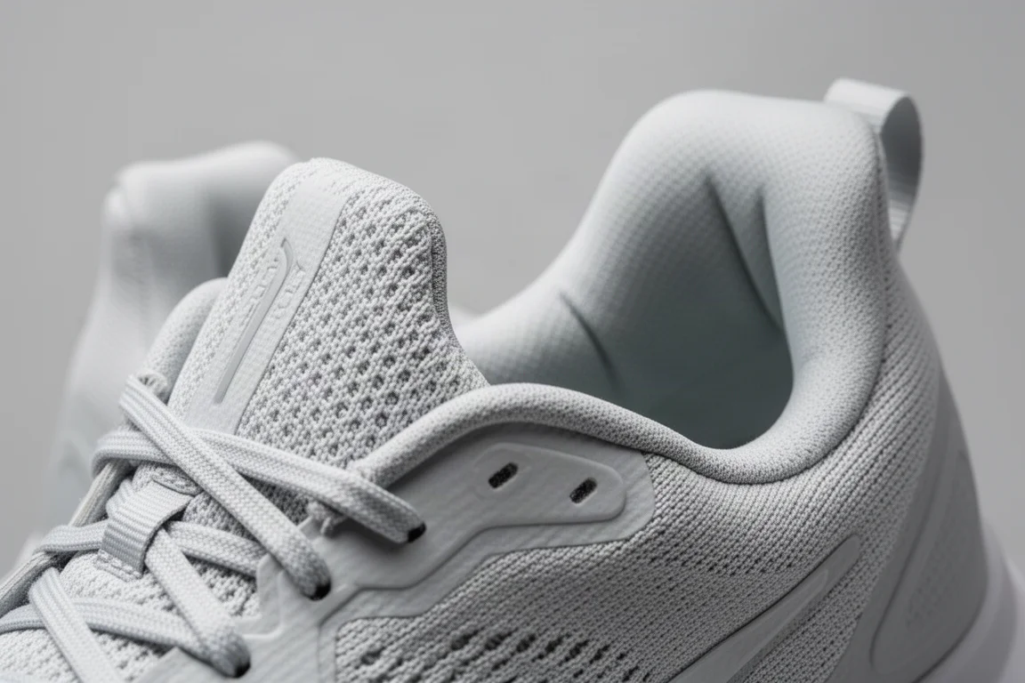 Detail shot of knit tongue and padded heel collar on a running shoe