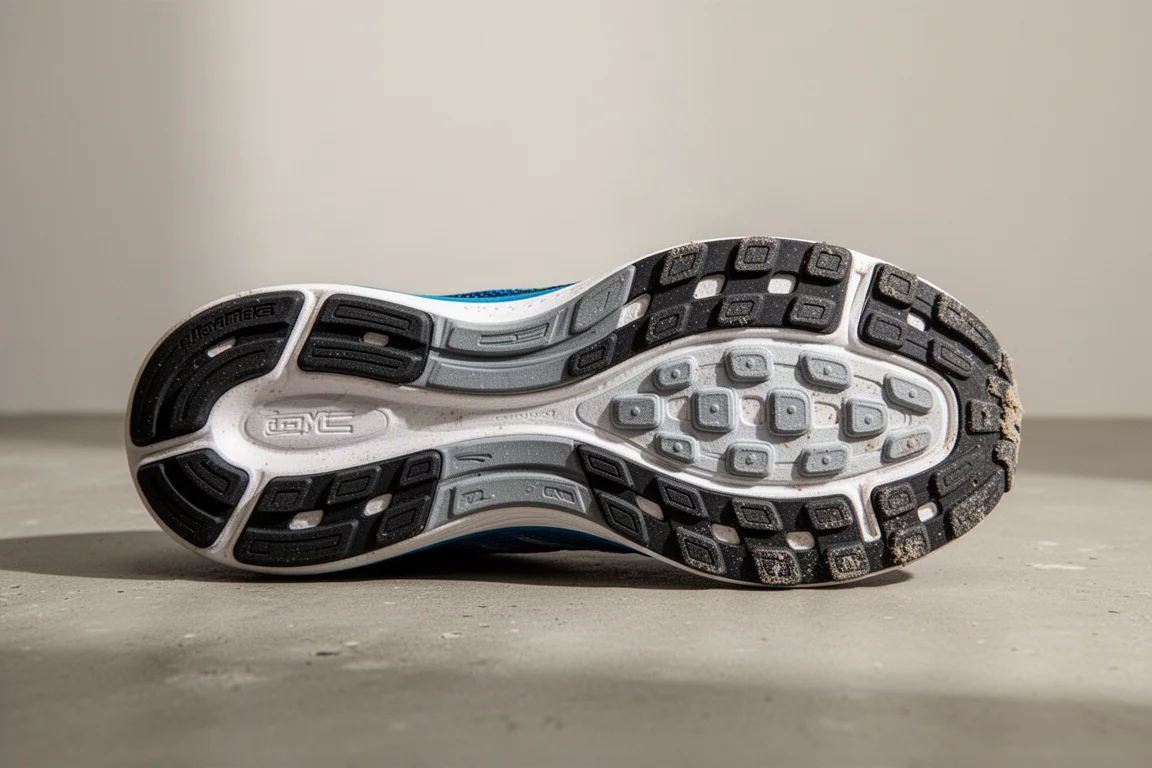 Close-up of durable rubber outsole with minimal visible wear