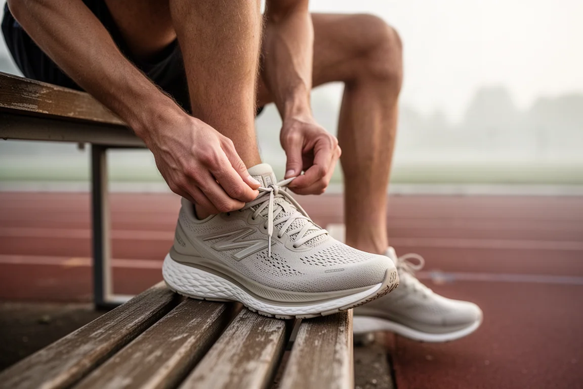 Un coureur lace une chaussure de running neutre et amortie sur une piste