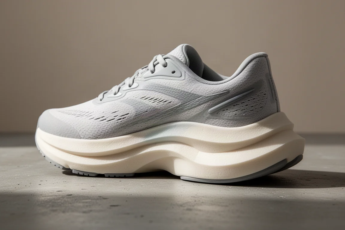 Gros plan sur la semelle intercalaire en mousse superposée d'une chaussure de running