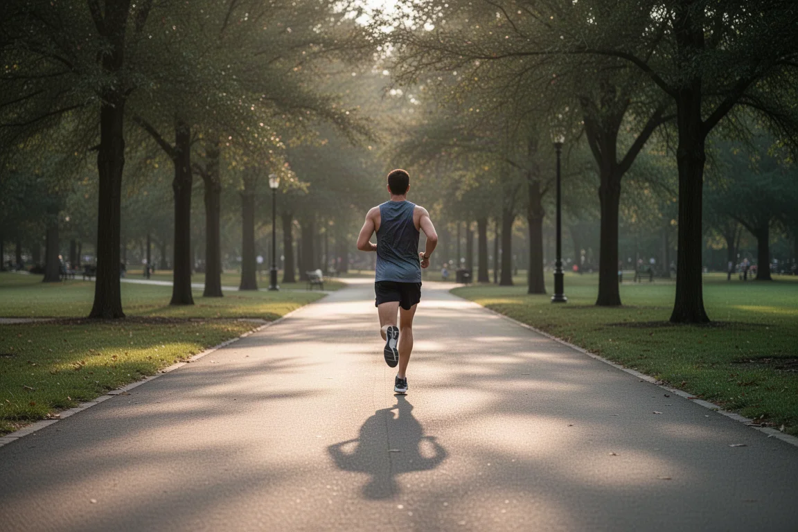 Coureur sur un chemin pavé tranquille lors d'une sortie longue facile