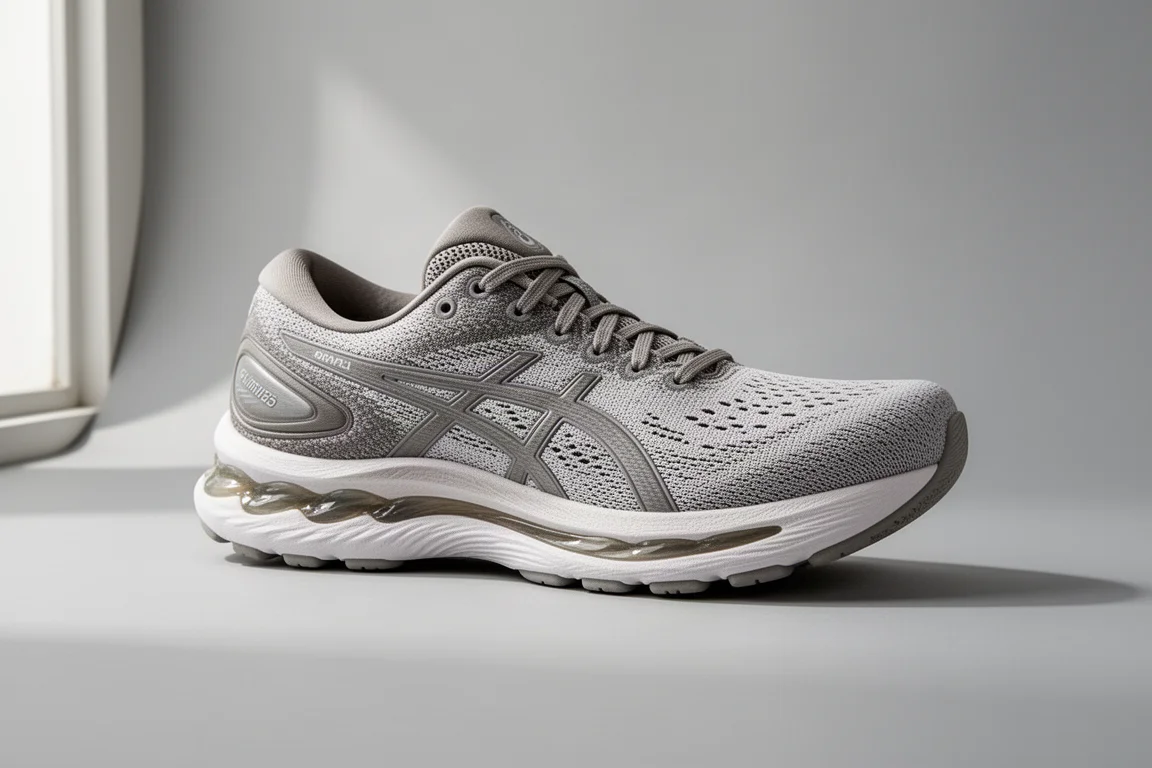 Asics Gel Nimbus 24 running shoe on a light grey seamless backdrop