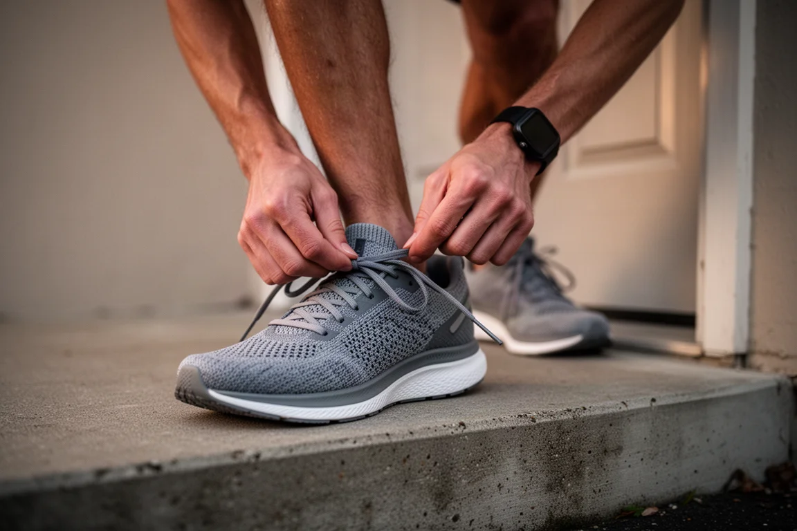 Runner lacing up road running shoes before a morning run