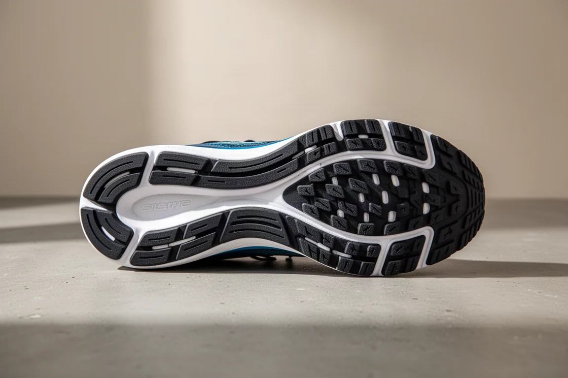 Close-up of a durable rubber outsole on a road running shoe