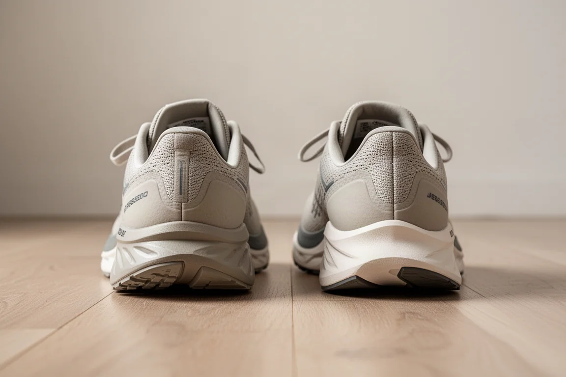 Two pairs of running shoes side by side for heel comparison