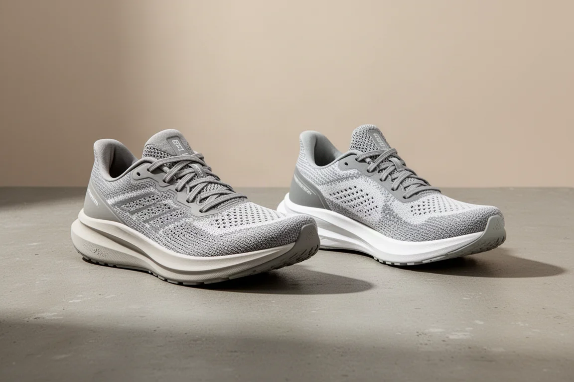 Two pairs of neutral ASICS running shoes side by side on concrete