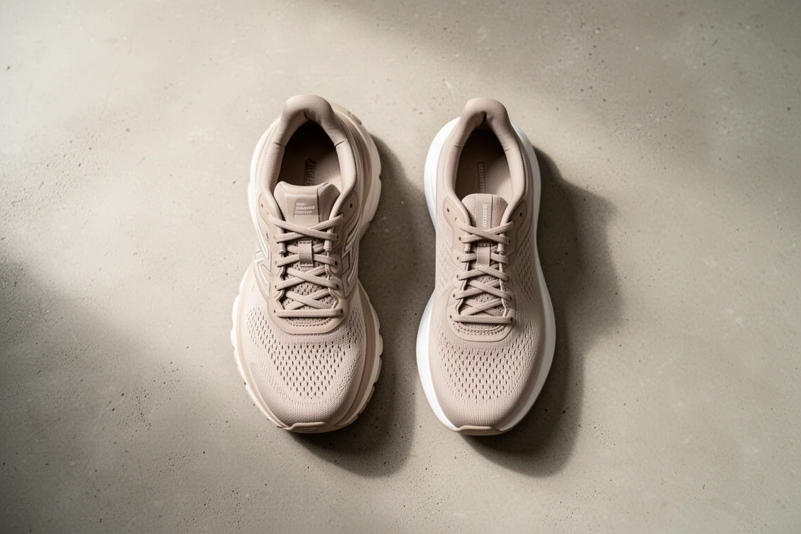 Due scarpe da running ammortizzate affiancate su una superficie di cemento chiaro