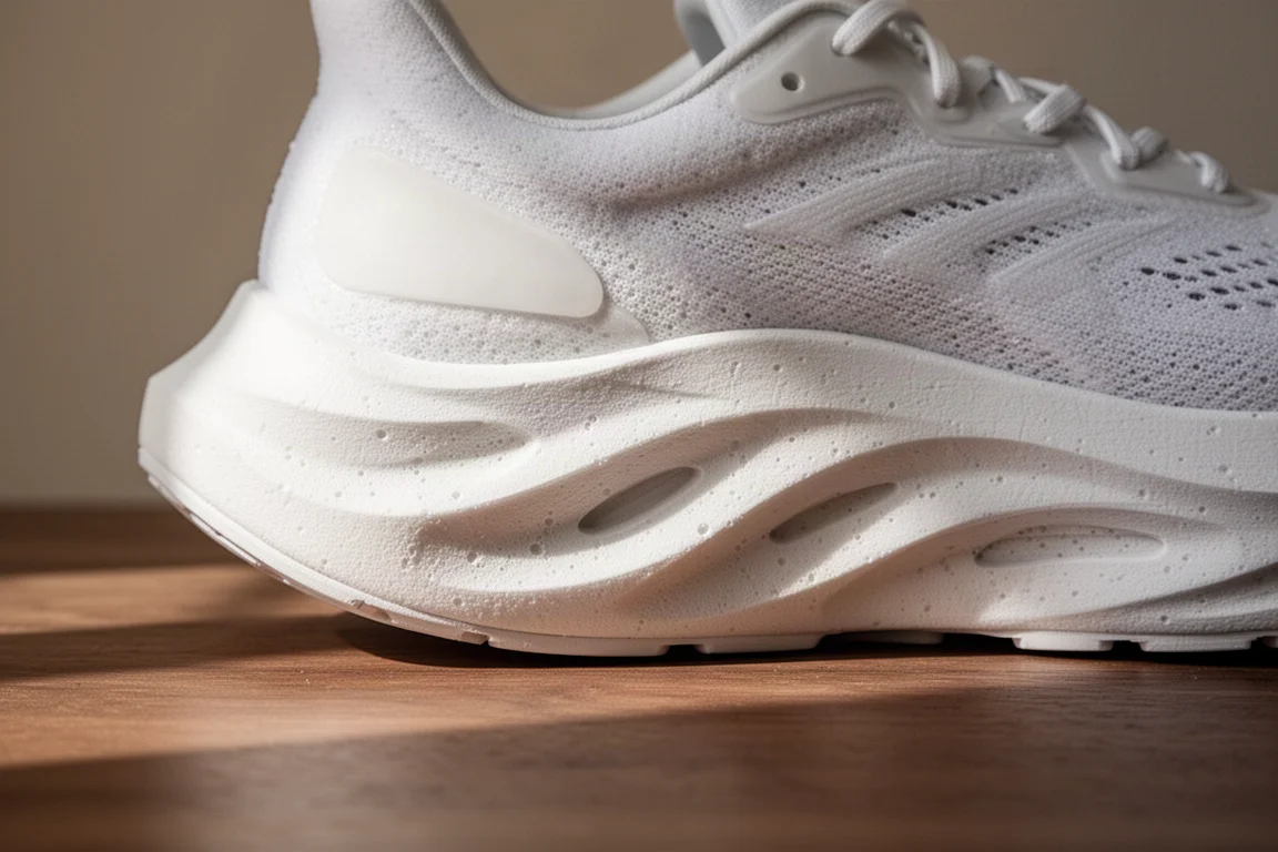 Primo piano di una midsole spessa e ammortizzata di una scarpa da running su superficie neutra