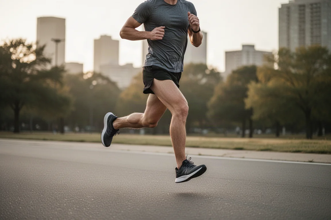 Un runner che mantiene un ritmo sostenuto su un percorso urbano liscio
